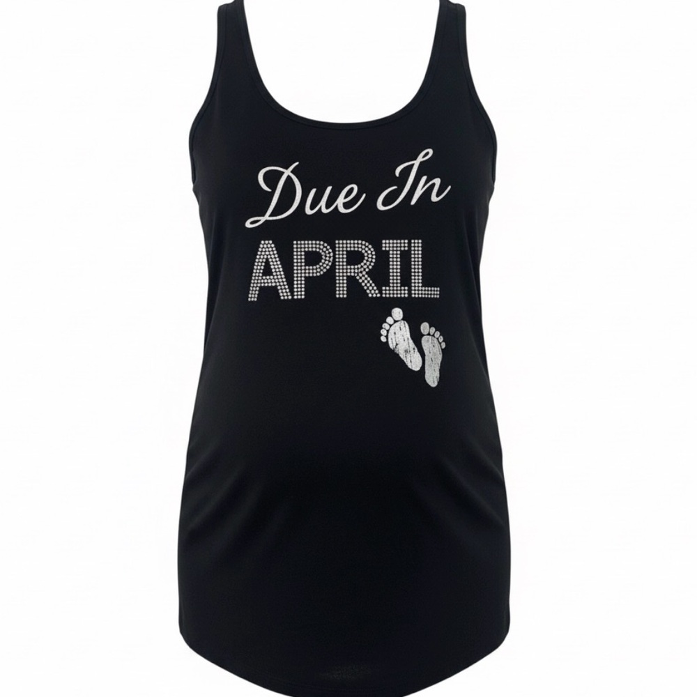 🤰Motherhood Maternity Black Rhinestone Tank - “Due in April” - size M *** NWT**